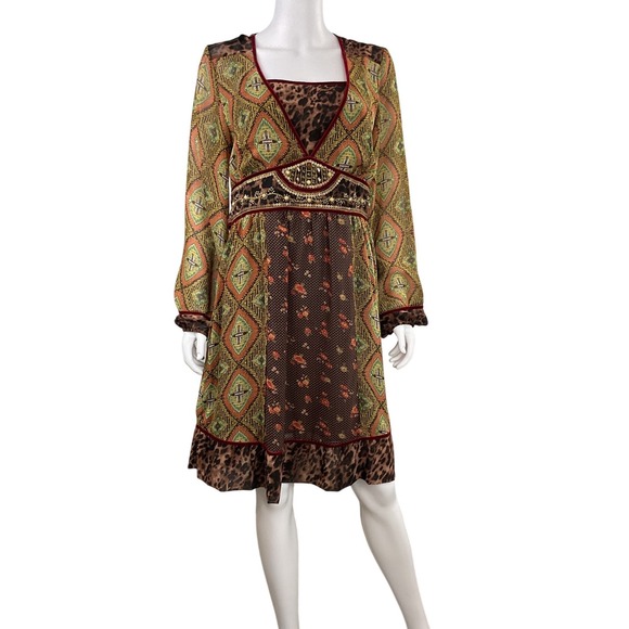 Double D Ranch Bohemian Print Velvet Trimmed Mixed Media Midi Dress Size Medium - Picture 3 of 16